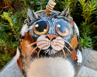 CAT GOURD ORNAMENT, Hand Painted Gourd, Calico Cat w/Gold Eyes, Unique Cat Tree Ornament, Cat Lover/Collector Item,  “Cat Person” Gift Item!