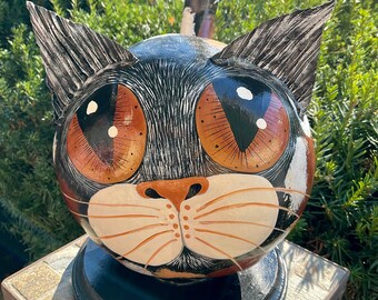 CALICO CAT GOURD, Hand Painted Gourd, Calico w/Gold Eyes, Unique Gourd Art, Cat Lover Collectible, Calico Cat Art, Great “Cat Person” Gift!