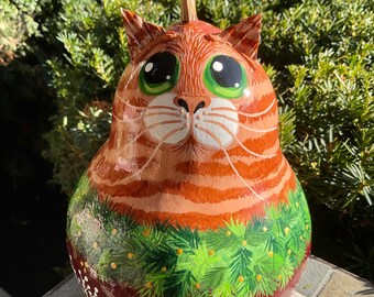 CHRISTMAS CAT GOURD, Hand Painted Gourd, Orange Tabby w/Green Eyes, Christmas Decor, Unique Gourd Art,  Orange Tabby “Cat” Person Gift Idea!