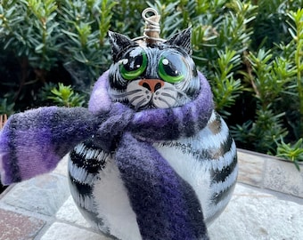 CAT GOURD ORNAMENT, Hand Painted Gourd, Black & White Tabby w/Green Eyes, Christmas Decor, Unique Christmas Tree Ornament, “Cat Person” Gift