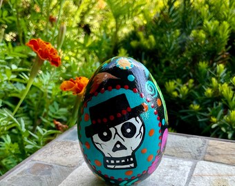 DAY of THE DEAD Wooden Egg, Hand Painted Egg, Halloween Decor, Original Design, Unique Egg Art, Hen Size Egg 2 1/2” Tall, Skull Design Egg