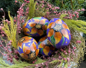 WOODEN SUNFLOWER EGGS, Hand Painted Eggs, Purple Eggs with Sunflowers, Sunflower Decor, Sunflower Lover/Collector Item, Farmhouse Decor