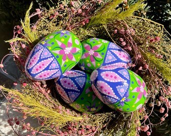 WOODEN FLORAL EGG, Hand Painted Egg, Easter Decor/Spring Decor, Egg Collectible, Blue/Lime Green/Pink Colors, Easter Gift, Unique Egg Art