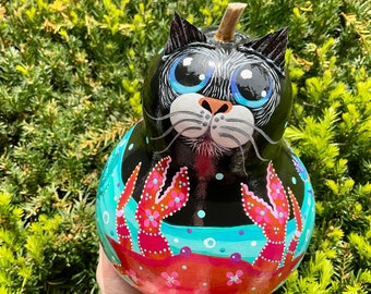 BEACHY CAT GOURD, Hand Painted Gourd, Ocean Themed Gourd, Black Cat w/Crabs, Beach House Decor, Cat Gourd Collectible, Crab/Beach Lover Gift