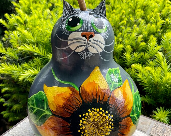 SUNFLOWER CAT GOURD, Hand Painted Gourd, Gray Cat W/green Eyes