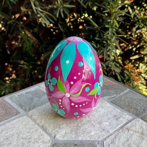 WOODEN PAINTED EGG, Hand Painted Egg, Pink/Teal/Turquoise Colors, Easter/Spring Decor, Unique Egg Art, Egg Collectible,, Mothers Day Gift