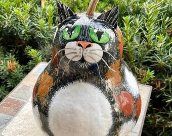 CALICO CAT GOURD, Hand Painted Gourd, Calico Cat w/Green Eyes, Unique Gourd Art, Cat Lover/Collector Item, Calico Lover, “Cat Person” Gift!