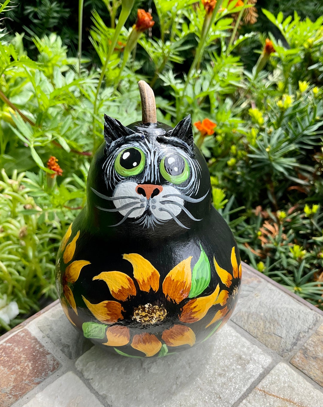 SUNFLOWER CAT GOURD, Hand Painted Gourd, Sunflower Decor, Fall Decor