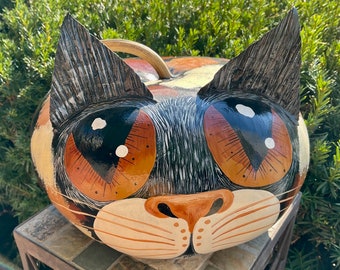 CALICO CAT HEAD Gourd, Hand Painted Gourd, Extra Large Calico Cat Head w/Big Gold Eyes, Unique Gourd Art, Cat Collectible, “Cat Person” Gift