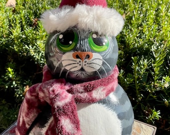 SANTA CAT GOURD, Hand Painted Gourd, Gray Tabby w/Green Eyes, Cat Lover/Collector Item, Unique Gourd Art, Christmas Decor, “Cat Person” Gift