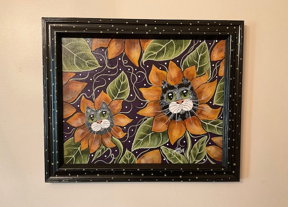 SUNFLOWER CAT PAINTING, Unique Cat Art, Sunflower Art, Cat & Sunflower Lover Item, Whimsical Cat Art, 11 x 14, Includes Frame, Cat Art Gift
