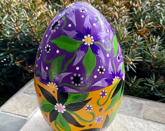 FLORAL WOODEN EGG, Large Hand Painted Egg, Purple/Bright Yellow Floral Egg, Easter Decor/Spring Decor, Mothers Day Gift, Egg Art Collectible