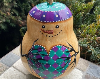 SNOWMAN GOURD, Hand Painted Gourd, Purple and Turquoise Colors, Snowman Collector Item, Winter Decor, Christmas Decor, Great Teacher Gift!