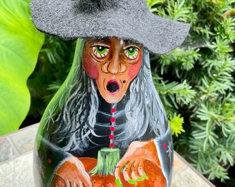 HALLOWEEN WITCH GOURD, Hand Painted Gourd, Halloween Decor, Unique Halloween Gourd Art, Original Artwork, Witch Collector, Gourd Collectible