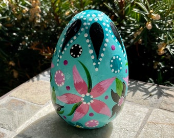 WOODEN FLORAL EGG, Hand Painted Egg, Easter/Spring Decor, Light Turquoise Egg w/Pink & Black Floral Design, Egg Collectible, Unique Egg Art