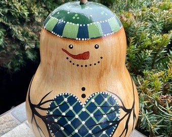 SNOWMAN GOURD, Hand Painted Gourd, Christmas/Winter Decor, Snowman Collector Item, Gourd Art, For the Gourd Snowman Lover, 7 1/2" Tall,