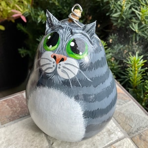 CAT GOURD ORNAMENT, Hand Painted Gourd, Gray Tabby w/Green Eyes, Cat Lover Collectible, “Cat Person” Gift Idea, Cat Tree Ornament, Cat Art