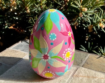 FLORAL PASTEL EGG, Hand Painted Wooden Egg, Easter/Spring Decor, Light Pastel Colors of Pink, Cream, Light Turquoise & Yellow, Egg Art