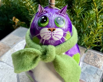 CAT GOURD ORNAMENT, Hand Painted Gourd, Purple and Green Calico Kitty, Green Eyes, Cat Lover/Collector Item, Unique Gourd Art, Tree Ornament