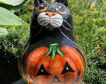 HALLOWEEN CAT GOURD, Hand Painted Gourd, Black Cat w/Gold Eyes, Halloween Decor, Gift for the Cat Person, Cat Collectible, Cat Gourd Art