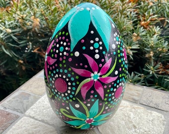 LARGE MOSAIC EGG, Hand Painted Mosaic Pattern Wooden Egg, Black w/Bright Pink & Turquoise Colors, Easter Decor, Spring Decor, Easter Gift