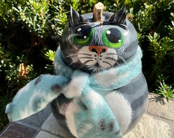 TABBY CAT GOURD, Hand Painted Gourd, Gray Tabby w/Green Eyes, Cat Lover/Collector Item, Unique Gourd Art, Desk Decor, For the “Cat Person”