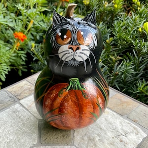 FALL PUMPKIN CAT Gourd, Hand Painted Gourd, Fall Decor/Thanksgiving Decor, Halloween Decor, For the Cat Lover/Collector, Unique Gourd Art