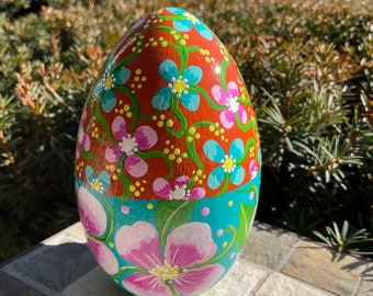 LARGE FLORAL WOODEN Egg, Hand Painted Egg, Dark Turquoise/Orange Egg with Pink Pansies, Easter/Spring Decor, Mothers Day Gift, Egg Art