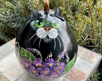 HYDRANGEA CAT GOURD, Purple Hydrangeas, Hand Painted Gourd, Black Cat w/Green Eyes, Cat Lover/Collector Item, Spring/Summer Decor, Cat Art