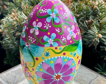 LARGE WOODEN EGG, Hand Painted Egg, Easter/Spring Decor, Yellow/Pink/Light Turquoise Colors, Egg Art, Easter Gift, Mother’s Day Gift Idea