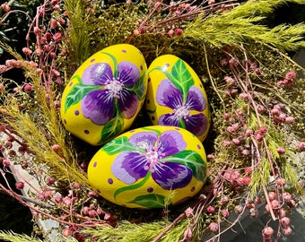 WOODEN PANSY EGG, Hand Painted Egg, Yellow Egg w/Purple Pansies, Egg Art, Easter Decor, Spring Decor, Easter Gift, Mother’s Day Gift Item!