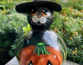 HALLOWEEN CAT WITCH Gourd, Hand Painted Gourd, Black Cat w/Gold Eyes, Halloween Decor, For the Cat Person, Cat Gourd Art, Cat Lover Gift