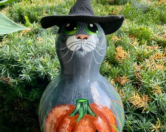 HALLOWEEN CAT WITCH, Hand Painted Gourd, Gray Cat w/Green Eyes, Halloween Decor, Cat Collectible, Great Gift For the Cat Person, Gourd Art
