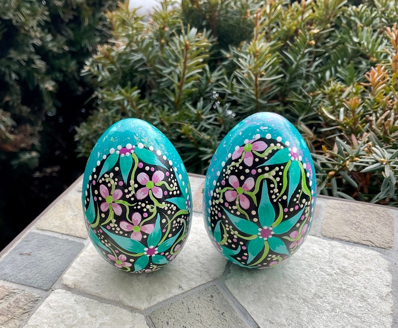 WOODEN MOSIAC EGG, Hand Painted Egg, Easter Decor, Spring Decor, Easter Gift, Mothers Day Gift, Birthday Gift, Egg Collectible, Egg Art Dark Turquoise