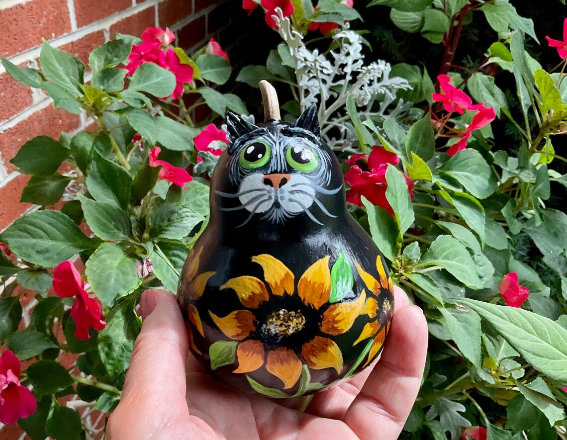 SUNFLOWER CAT GOURD Hand Painted Gourd Sunflower Decor Fall Etsy
