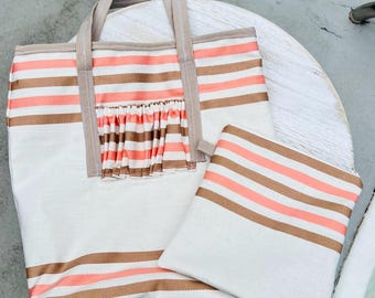 Large Handmade Beach Tote Bag|Matching Accessory Pouch | Striped Canvas Summer Tote | Pool Bag | Vacation Tote | Coastal Gift for Her