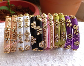 Multi Color Silk Thread Kundan Bangles &quot;Set of 12&quot; Ethnic Indian Wear