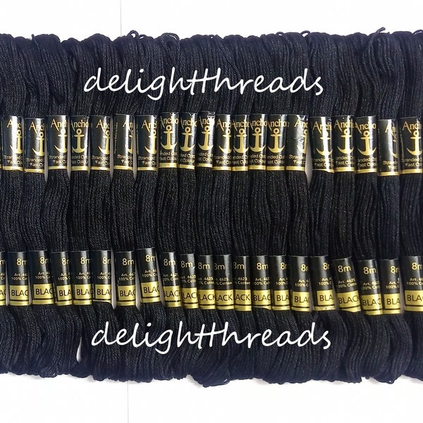 24 Black Anchor Cotton Embroidery Thread skeins / Floss (Noir)  for Cross / Long Stitch