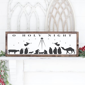 O Holy Night Nativity Scene Sign: Rustic Framed Christmas Decor