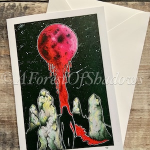 de voeux de lune de sang | Art folklorique d'horreur | Illustration de cercle de pierres | Art de sorcellerie | Rituel | Impression occulte sombre | Carte postale pleine lune