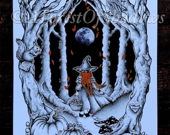 Witch of the Woods A4 Art Print, Halloween wall art, Autumn print, Fall home decor, pumpkin decor, witchy art, mushroom art print, fungi art