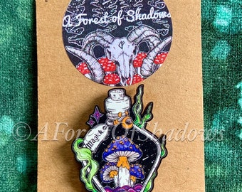 Magick Mushroom Potion Bottle Pin Badge, witchy accessories, fungi art pin, fungi fashion, fungi lovers gift, mushroom jewellery