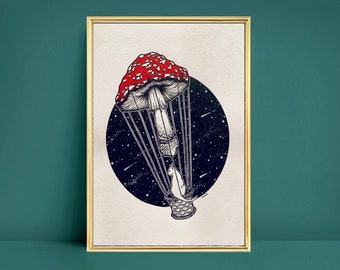 Tripsitter A5 Art Print | magic mushroom art | psychedelic fungi wall art | cottagecore art | celestial cat hot air balloon illustration
