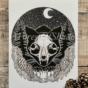 Jolakotturinn Yule Cat A4 Art Print | Folklore Art | Pagan Witchy Gothic Art | skull illustration | cat lovers gift | Scandi home decor