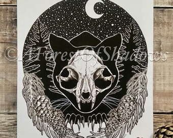 Jolakotturinn Yule Cat A4 Art Print | Folklore Art | Pagan Witchy Gothic Art | skull illustration | cat lovers gift | Scandi home decor