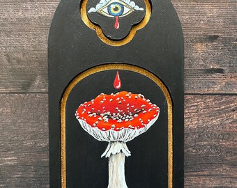 Gothic Fungi Arch Wall Decor, fly agaric wall art, holy grail art, gifts for goths, fungi lovers gift, medieval wall decor, occult fungi art