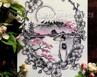 Sakura Cherry Blossom Art Print, Japanese landscape wall art, Spring home decor, Geisha art print, Mount Fuji drawing, Japan lovers gift