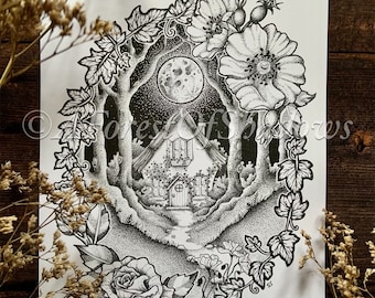 May include: Black and white illustration of a cottage in the woods with a full moon in the sky. The cottage has a door and windows. The woods are filled with trees and vines. There are flowers around the cottage and moon.