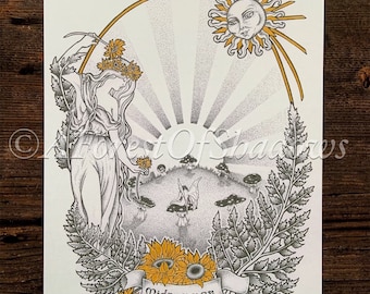 Midsummer Litha A4 Art Print, summer solstice art, art nouveau print, mushroom wall art, pagan art, witchy decor, fungi art, witchy gifts