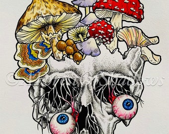 Fungi Skull Original Pen and Ink Art | Fungi Wall Decor | Mushroom Art | Fungi Lovers Gift | Skull Art | Horror Illustration | Botanical Art